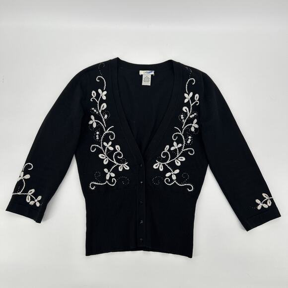 Vintage Cache Cardigan Women S Black Silk Beaded Floral Embroidered Y2K Cropped - Picture 1 of 7